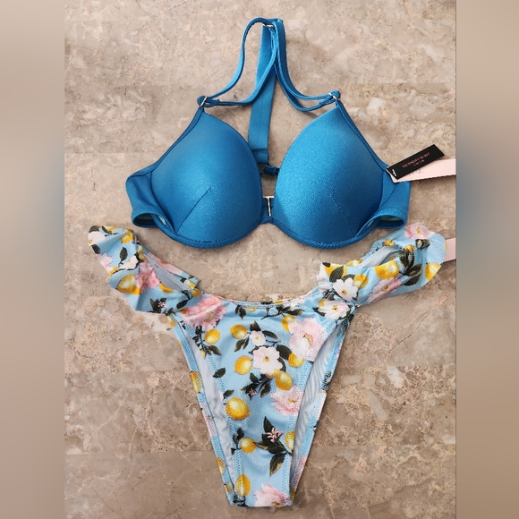 32C/S VS Swim Raceback Shine Strap PushUp Bikini Top Ruffle Brazilian Bikini Set - Picture 1 of 8